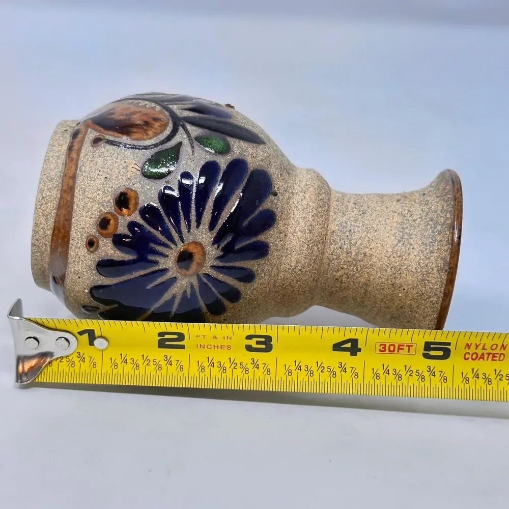 Vintage Tonala Mexican Pottery Vase Signed EM Mex Hand Painted Folk Art 4.75x3